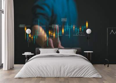 global business growth analysis and asset investment chart Business and Finance Holographic economic chart, global economic trend analysis,Businessman pointing at virtual trading financial graph Wall mural