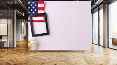 Happy presidents day concept with flag of the United States on white background with tulips for top view concept Wall mural