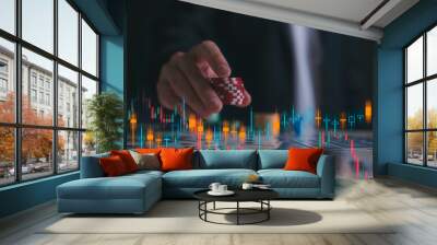 investment and gambling opportunity, businessman holding chips and virtual trading graph Wall mural