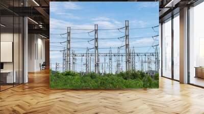 transmission high voltage electricity pylon with blue sky background Wall mural