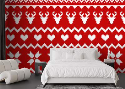 Nordic traditional seamless pattern. Norway Christmas sweater. Red and white knitted Christmas pattern with deers, hearts and snowflakes. Hygge. Scandinavian winter pattern Wall mural