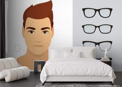 Man sunglasses shapes for oval man face type. Various forms of summer eyeglasses for oval face. Fashion eyewear collection. Vector icon set.
 Wall mural