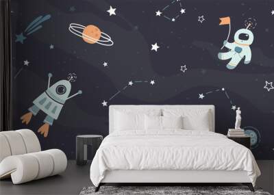 Vector childish hand drawn flat space design background. Cute template with elements of space, astronaut, spaceship, rocket, moon, black hole, stars, planets, constellations. Trendy kids wallpaper. Wall mural