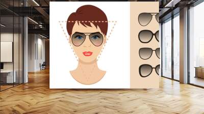 Woman sunglasses shapes for triangle women face type. Various forms of summer glasses for triangle face. Fashion collection. Vector set. Wall mural