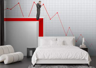 Sad businessman standing on edge of chart Wall mural