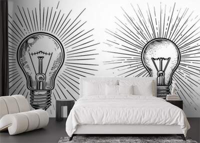 Engraved Style Illustration of Two Light Bulbs Emitting Bright Light Wall mural