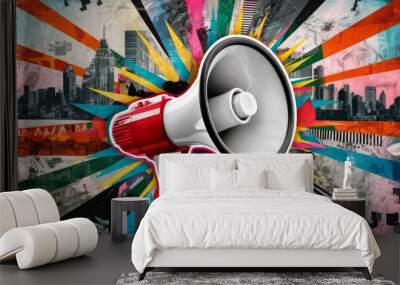 a vibrant megaphone. The megaphone is set against a backdrop of , incorporating urban skyline imagery, graffiti, and abstract shape Wall mural