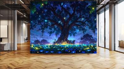 Garden under a starry night sky, with a central tree with glowing multicolored leaves in blue, purple, and green. Tiny fireflies hover around it. The garden has vibrant, moonlit flowers and grass Wall mural