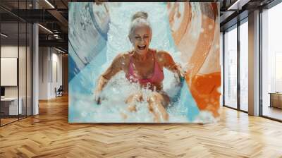 A beautiful smiling adult gray-haired elderly woman rides a slide in a water park. Grandma loves outdoor activities. Wall mural