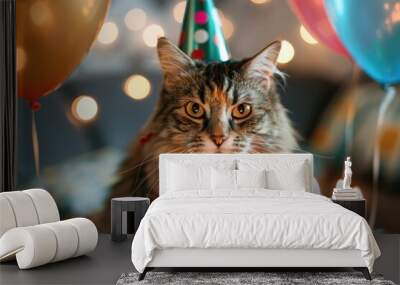 A cat wearing a party hat sits behind a birthday cake with lit candles, surrounded by colorful balloons on a festive background, celebrating a birthday. Wall mural