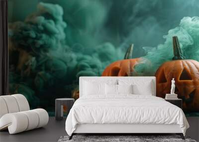 A pumpkin with a glowing face sits among the smoke in a misty forest with autumn leaves, creating a creepy Halloween atmosphere. Wall mural