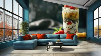 Healthy vegetarian fruit dessert with yogurt kiwi, strawberry, raspberry, orange, pineapple and chia seed pudding in a glass, summer detox superfoods, diet breakfast. Wall mural