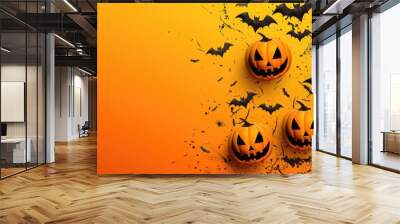 Pumpkins, bats and autumn leaves on an orange background. Festive background in honor of Halloween. Wall mural