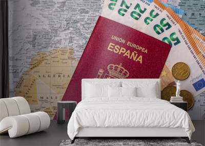 Conceptual background for travel with passport, magnifying glass, world map and money Wall mural