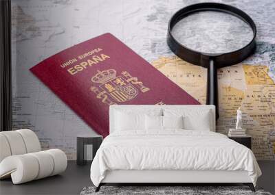 Conceptual background for travel with passport, magnifying glass, world map and money Wall mural