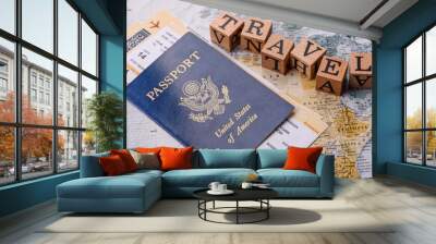 Conceptual background for travel with passport, magnifying glass, world map and money Wall mural