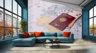 Conceptual background for travel with passport, magnifying glass, world map and money Wall mural