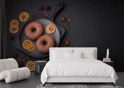 Delicious chocolate glazed donut sprinkled with chocolate chips Wall mural