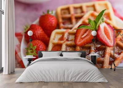 Delicious fresh baked belgian waffles with berries and fruit Wall mural