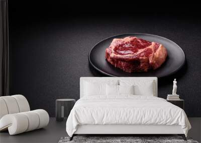 Fresh, raw beef steak with salt, spices and herbs Wall mural