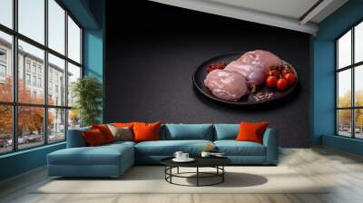 Fresh chicken fillet on a dark concrete table with spices and herbs Wall mural