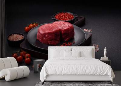 Fresh juicy raw beef medallions with salt and spices Wall mural