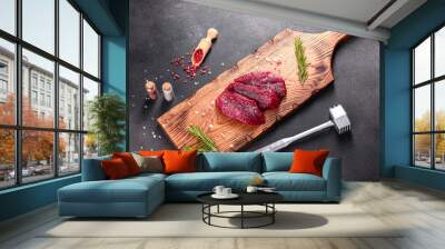 Fresh Raw Beef steak Mignon, with salt, peppercorns, thyme, tomatoes Wall mural