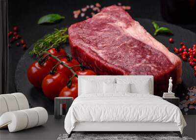 Fresh raw beef striploin steak with salt, spices and herbs Wall mural