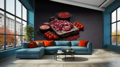 Fresh raw chicken or beef liver with salt, spices and herbs Wall mural