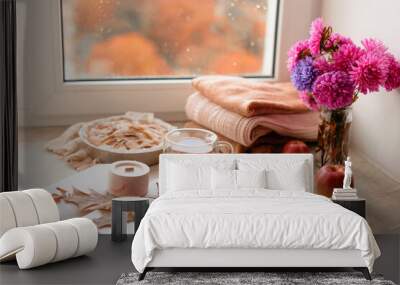 Homemade apple pie on a white background near the window close-up and copy space Wall mural