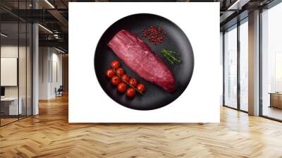 Juicy raw beef with spices, salt and herbs on a dark concrete background Wall mural