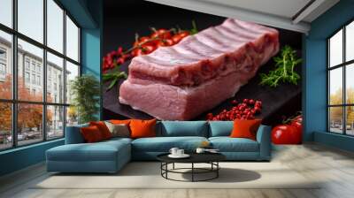 Raw pork ribs with meat with salt, spices and herbs Wall mural