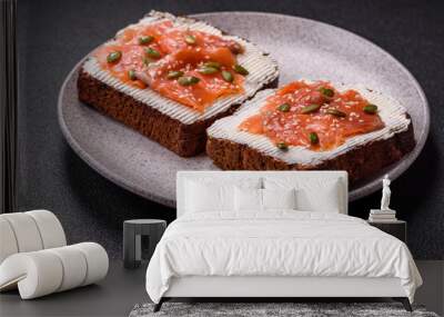 Sandwich or bruschetta with toast, salmon, cream cheese Wall mural