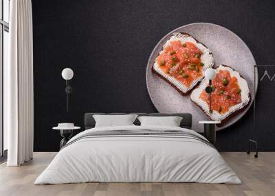 Sandwich or bruschetta with toast, salmon, cream cheese Wall mural