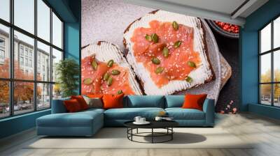 Sandwich or bruschetta with toast, salmon, cream cheese Wall mural