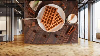 Tasty fresh Vienna wafers, jam and cup of coffee on a dark wooden background Wall mural