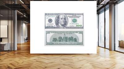 Front and back side of a 100 US dollar bill with a portrait of American President Benjamin Franklin on an isolated white background Wall mural