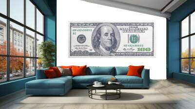 one hundred US dollar bill with a portrait of American President Franklin on an isolated white background Wall mural