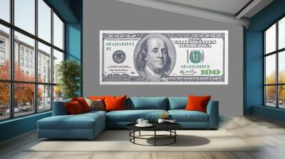 USA money - 100 dollars with a portrait of American President Franklin on an isolated neutral gray background Wall mural