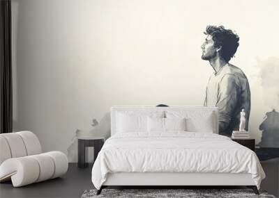 Minimalistic illustration of a reflective man in thoughtful posture Wall mural