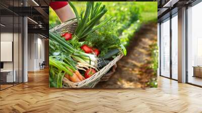 Farmer holding basket with mixed vegetables Wall mural