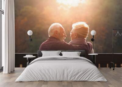 Senior couple sitting on bench in autumn park Wall mural