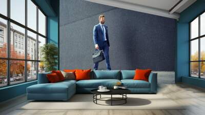 Walking business man with briefcase. Wall mural