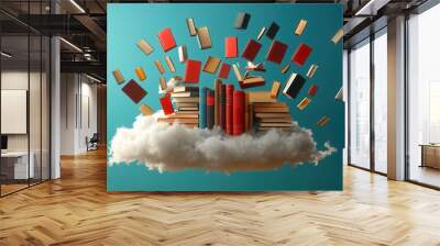 A floating library in the clouds where each book opens to a new world, dream, fantasy of infinite exploration possibilities Wall mural