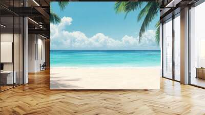 A serene beach view with palm trees and a beautiful blue ocean under a clear sky, perfect for vacation and relaxation. Wall mural