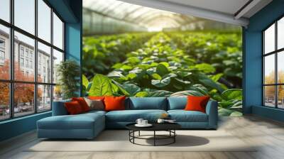 Greenhouse filled with genetically modified plants, midday, wide angle, lush greenery, futuristic agriculture Wall mural