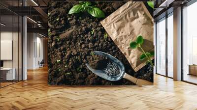 Seed packets with gardening tools on rich soil, chlorophyll theme, gardening essentials Wall mural