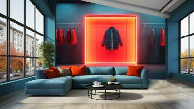 Stylish clothing display with neon lighting, showcasing trendy apparel in a modern retail space. Wall mural