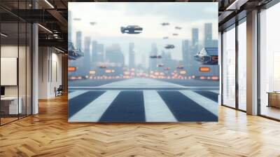 Wide futuristic crosswalk with floating traffic signals, bustling cityscape of towering glass structures and flying vehicles, dynamic game environment Wall mural