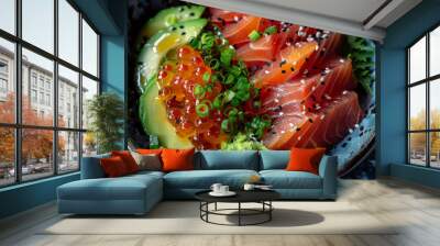 Delectable Sashimi Slices Atop Creamy Avocado with Drizzled Soy Sauce Accents Wall mural